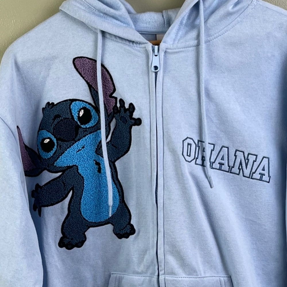 Disney Lilo & Stitch Light Blue Full Zip Hoodie Embroidered Chenille Patches XL - Picture 3 of 9